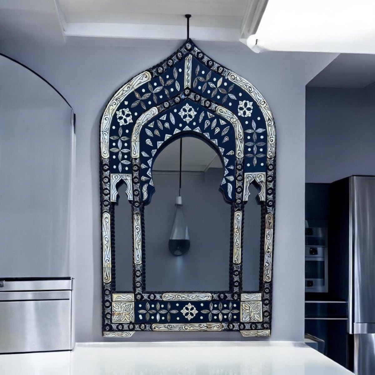 Inlay Bone Moroccan Arch Mirror, Handmade Silver Wall Decor (40" x 24")