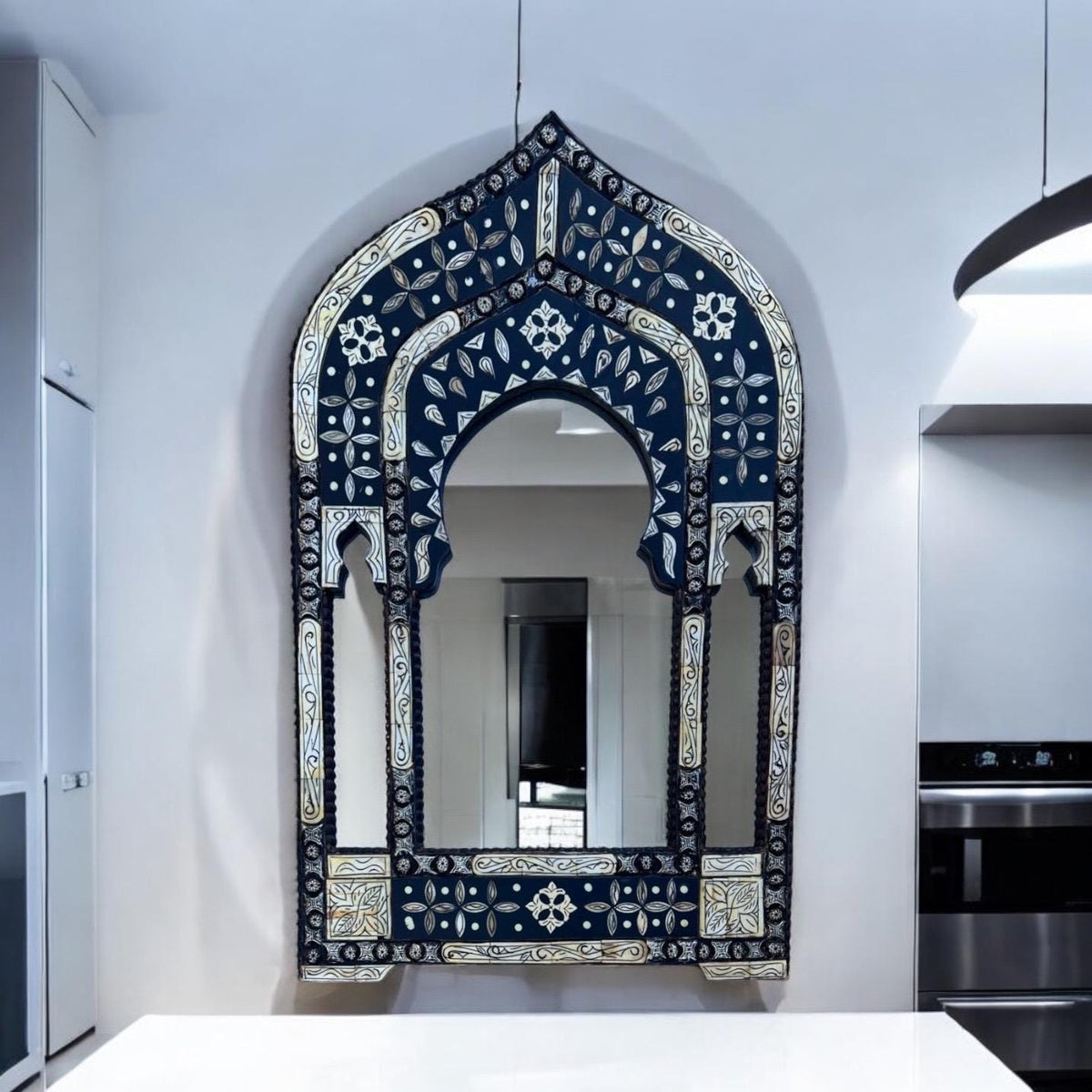 Inlay Bone Moroccan Arch Mirror, Handmade Silver Wall Decor (40" x 24")