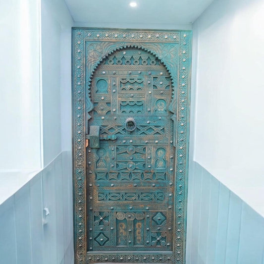 Green Vintage Carved Wooden Door, Berber Tribal Decor (93x39.5)