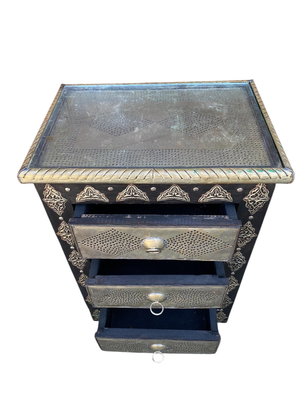 Two Handmade Moroccan Nightstand: Hammered Silver Metal, 3 Drawers