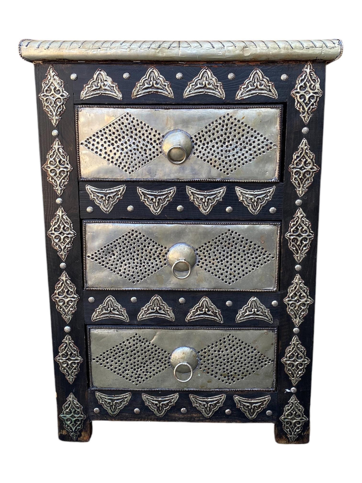 Two Handmade Moroccan Nightstand: Hammered Silver Metal, 3 Drawers