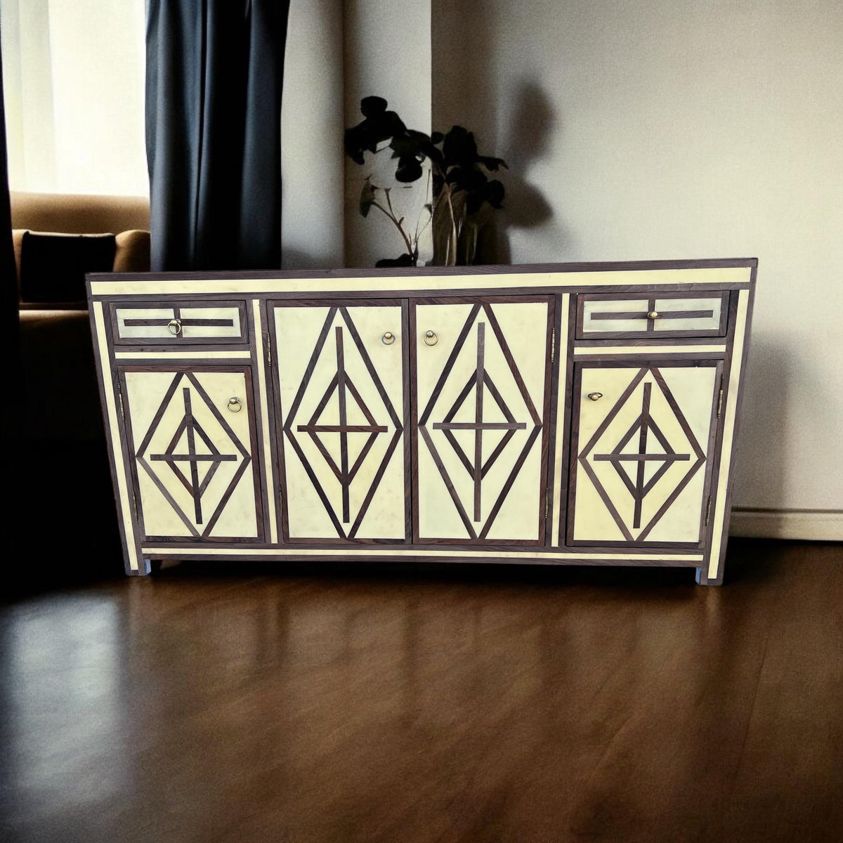 Unique Mid-century French Credenza: Walnut wood Resin Inlay