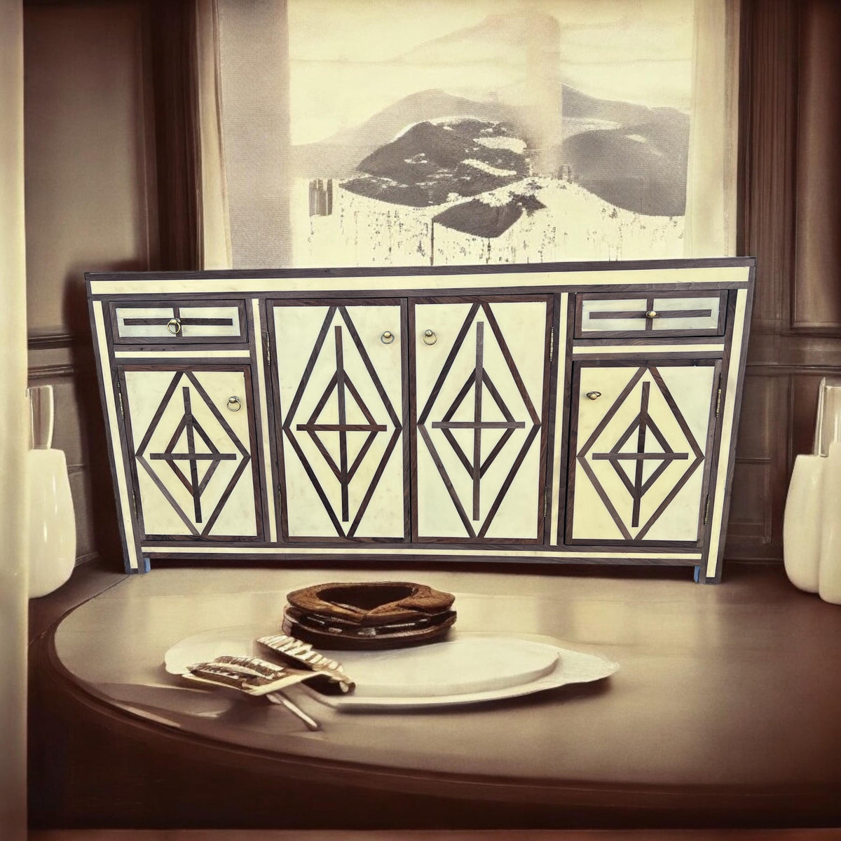Unique Mid-century French Credenza: Walnut wood Resin Inlay