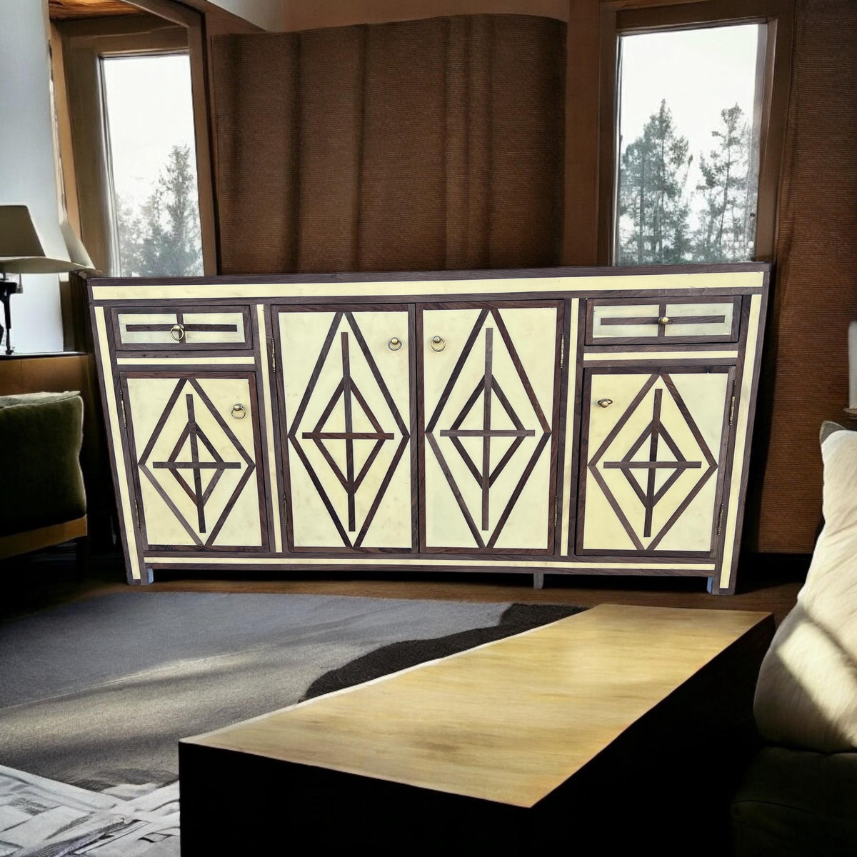 Unique Mid-century French Credenza: Walnut wood Resin Inlay