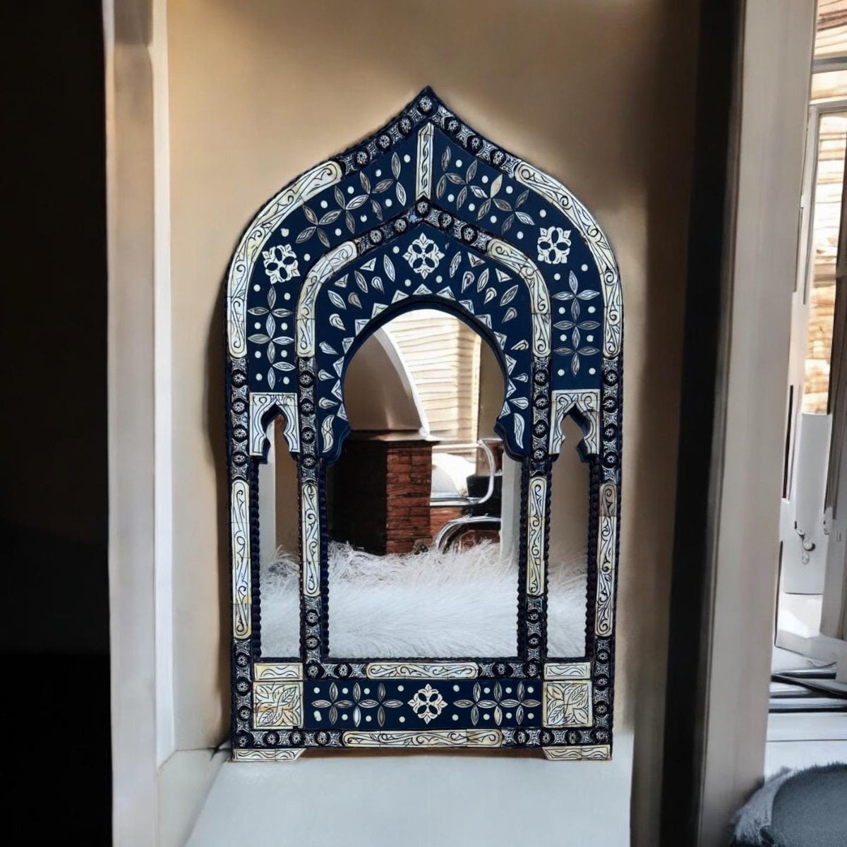 Inlay Bone Moroccan Arch Mirror, Handmade Silver Wall Decor (40" x 24")