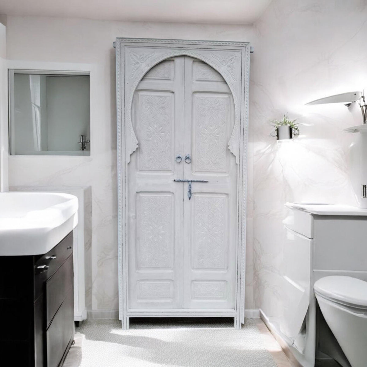 Hand Carved White Moroccan Double Door: Andalusian Cedar, 86" x 50"