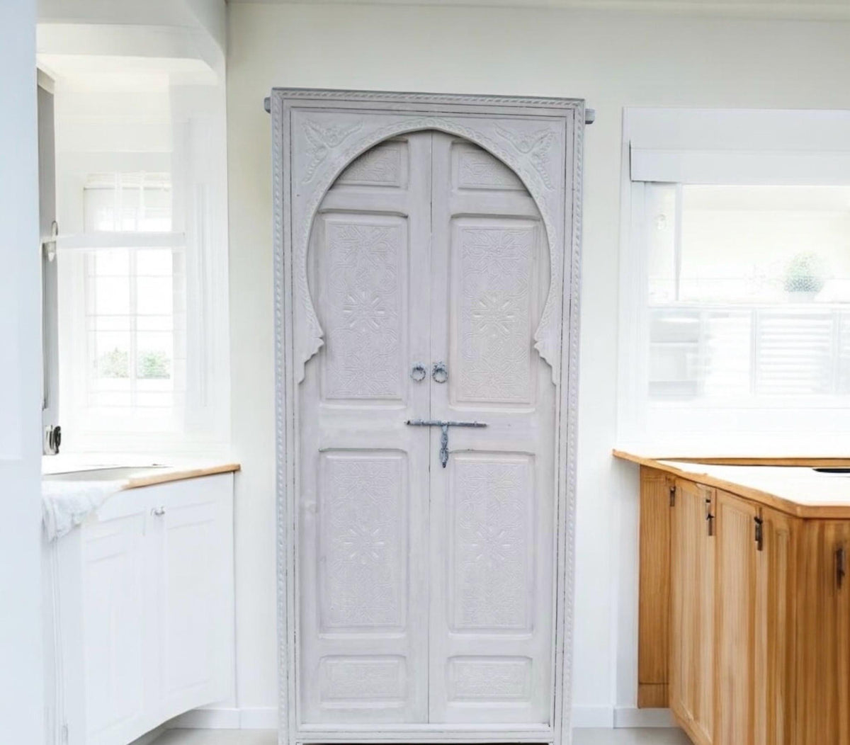 Hand Carved White Moroccan Double Door: Andalusian Cedar, 86" x 50"