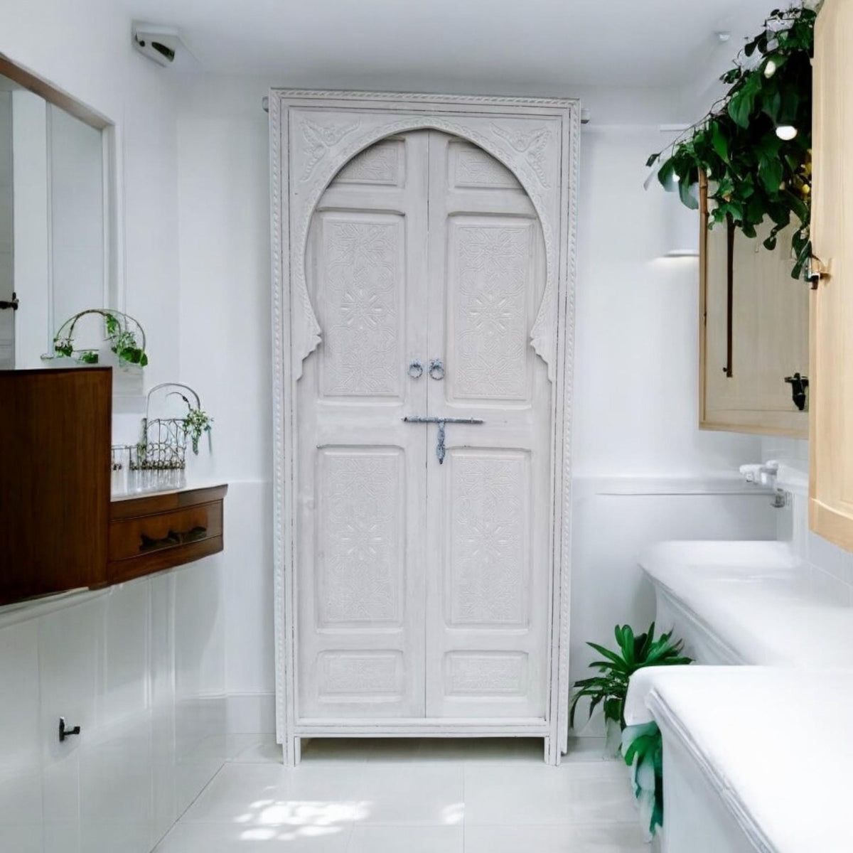 Hand Carved White Moroccan Double Door: Andalusian Cedar, 86" x 50"