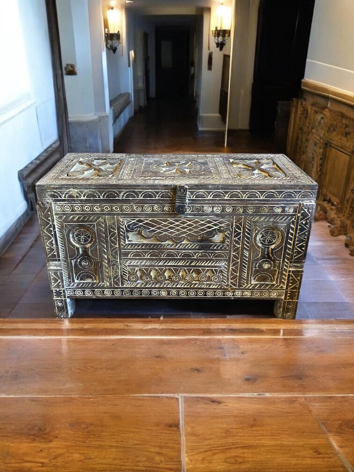 Handmade Carved Wood Chest: Moroccan Berber, 40x16.5x24.5