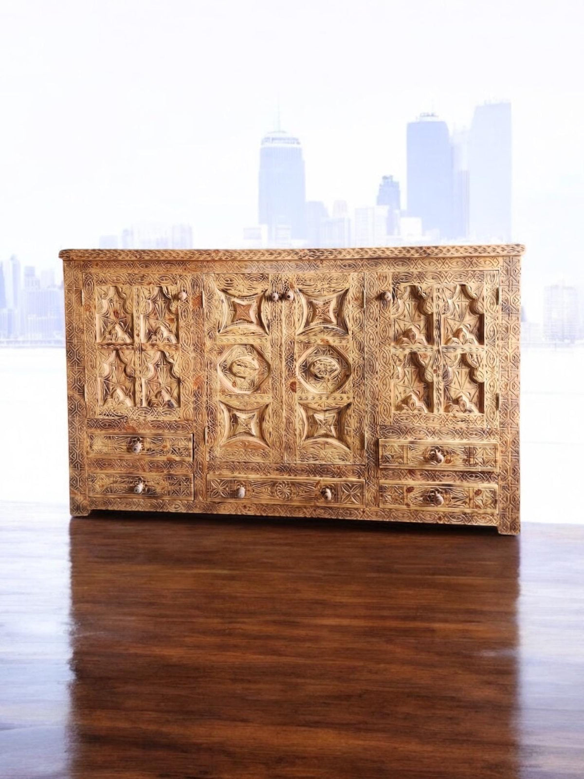 Hand Carved Moroccan Wooden Cabinet, African Artwork, Five Drawers