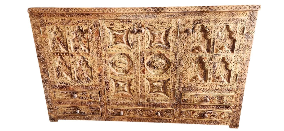 Hand Carved Moroccan Wooden Cabinet, African Artwork, Five Drawers