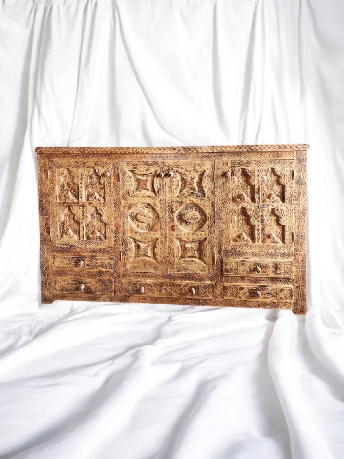 Hand Carved Moroccan Wooden Cabinet, African Artwork, Five Drawers