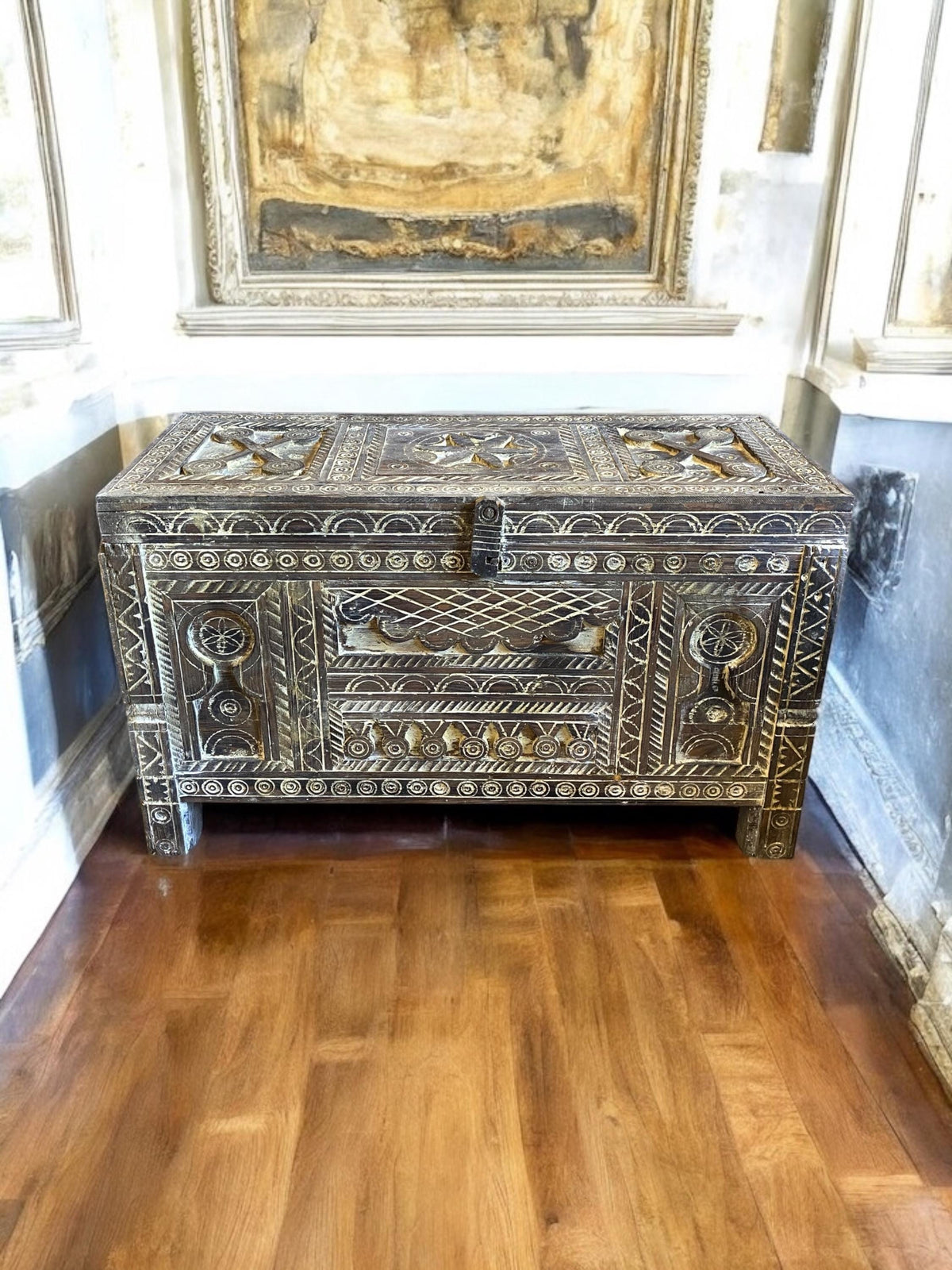Handmade Carved Wood Chest: Moroccan Berber, 40x16.5x24.5