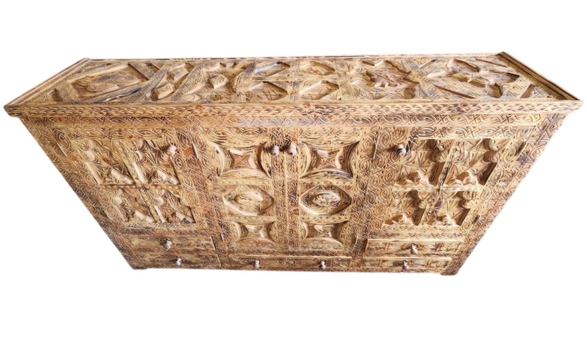 Hand Carved Moroccan Wooden Cabinet, African Artwork, Five Drawers