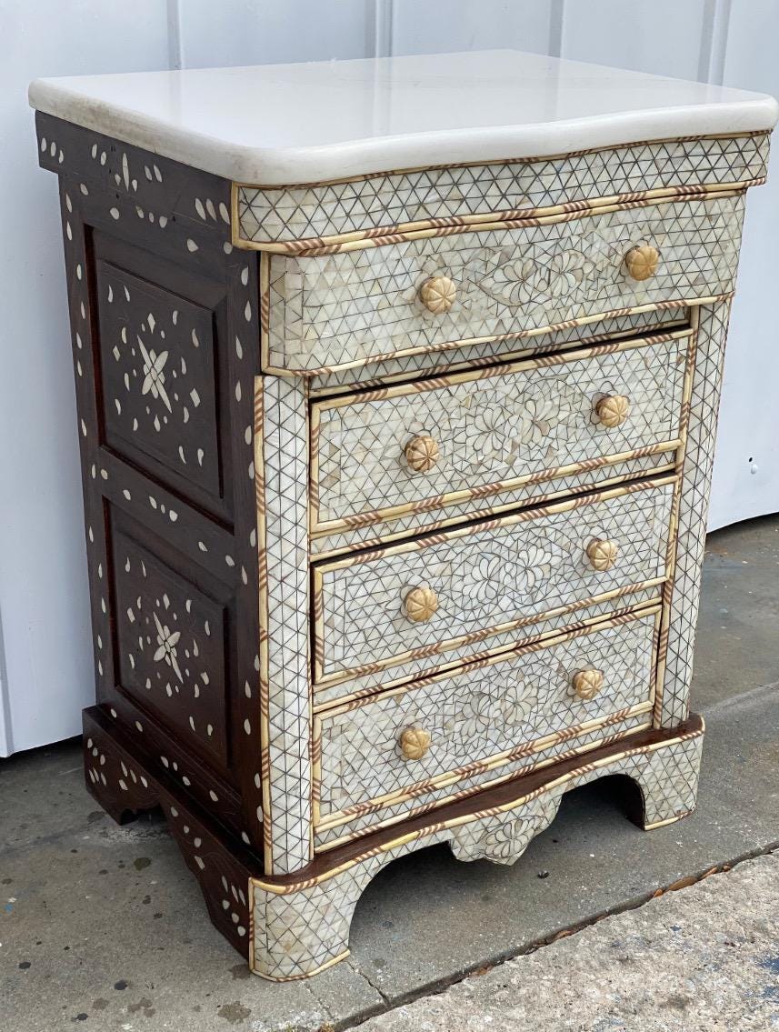 Syrian Mother of Pearl Inlaid King Bed Set: Headboard & Nightstands