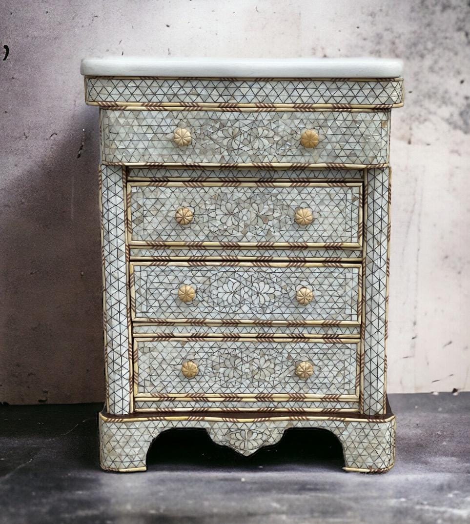 Syrian Mother of Pearl Inlaid King Bed Set: Headboard & Nightstands