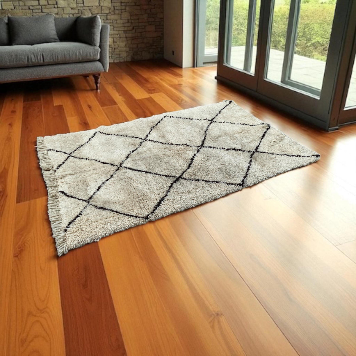 Handwoven Wool Beni Ourain Rug: Berber Diamond Pattern