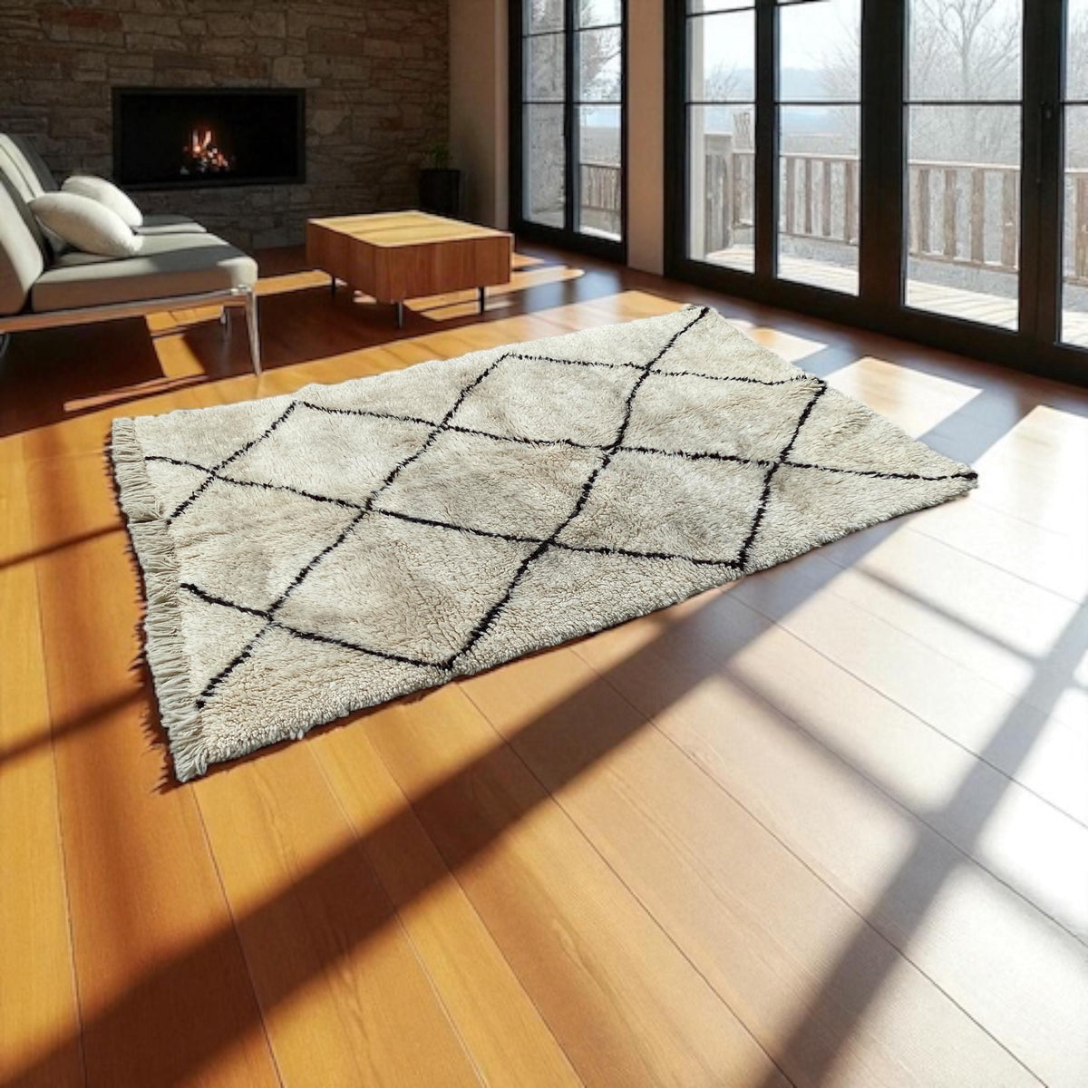 Handwoven Wool Beni Ourain Rug: Berber Diamond Pattern