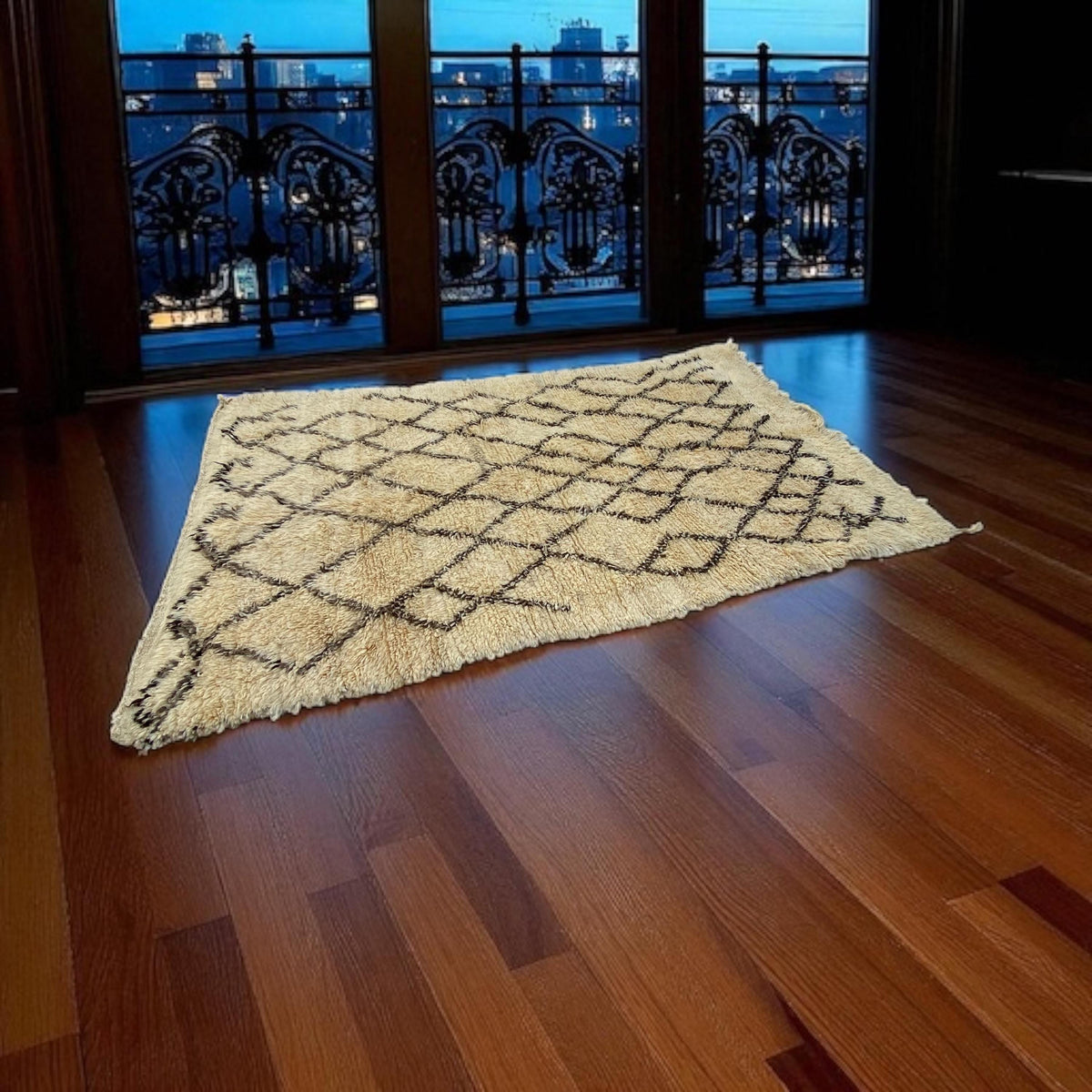 Handwoven Beni Ourain Rug: Moroccan Wool Carpet, Black Geometric Design (100x57)