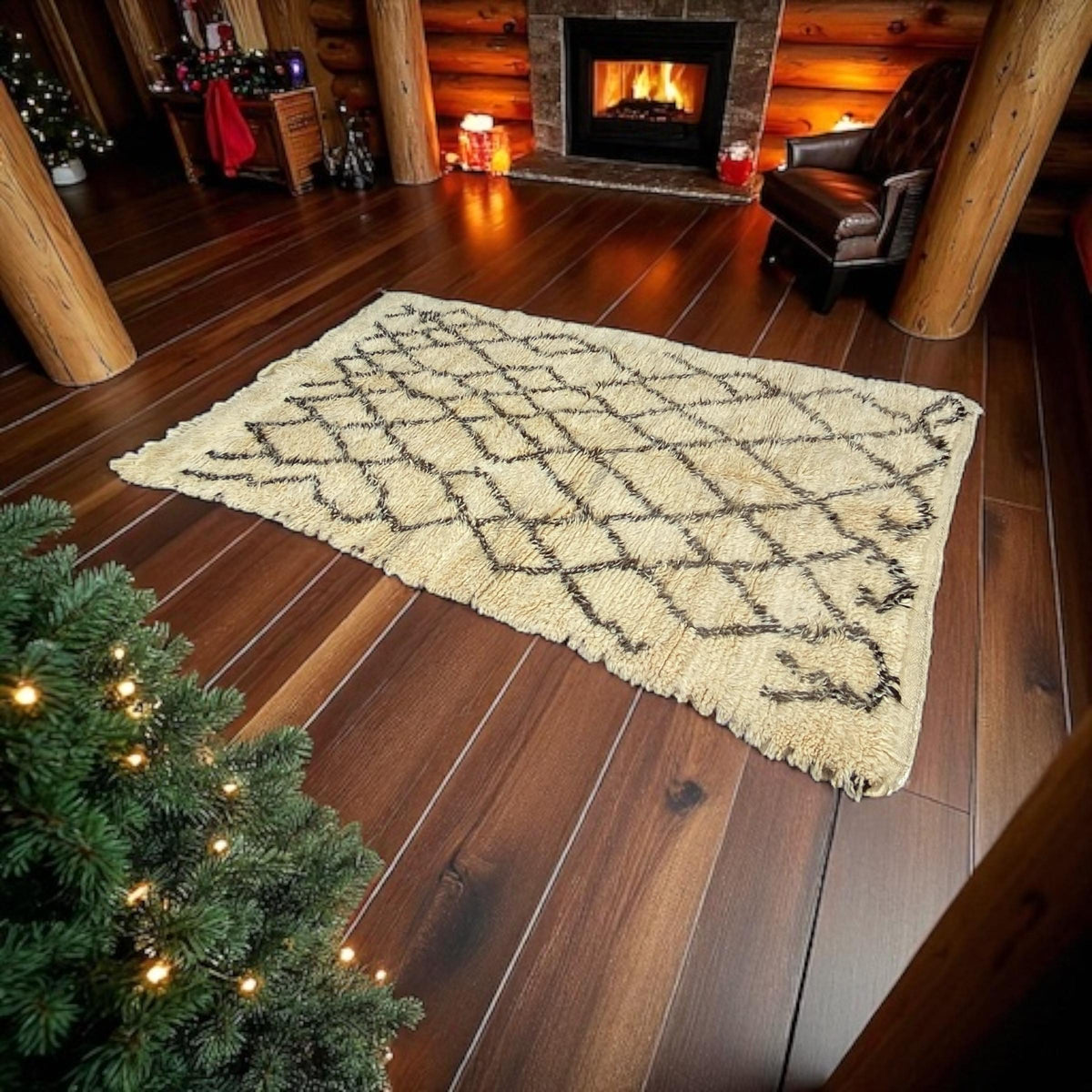 Handwoven Beni Ourain Rug: Moroccan Wool Carpet, Black Geometric Design (100x57)