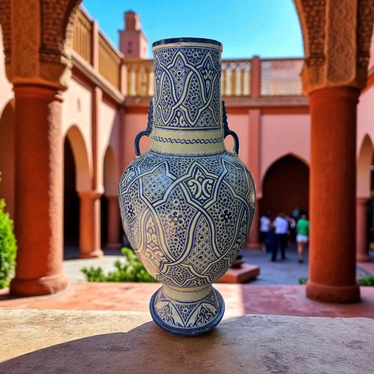 Large Blue Moroccan Pottery Vase: Hand-Painted Andalusian Decor