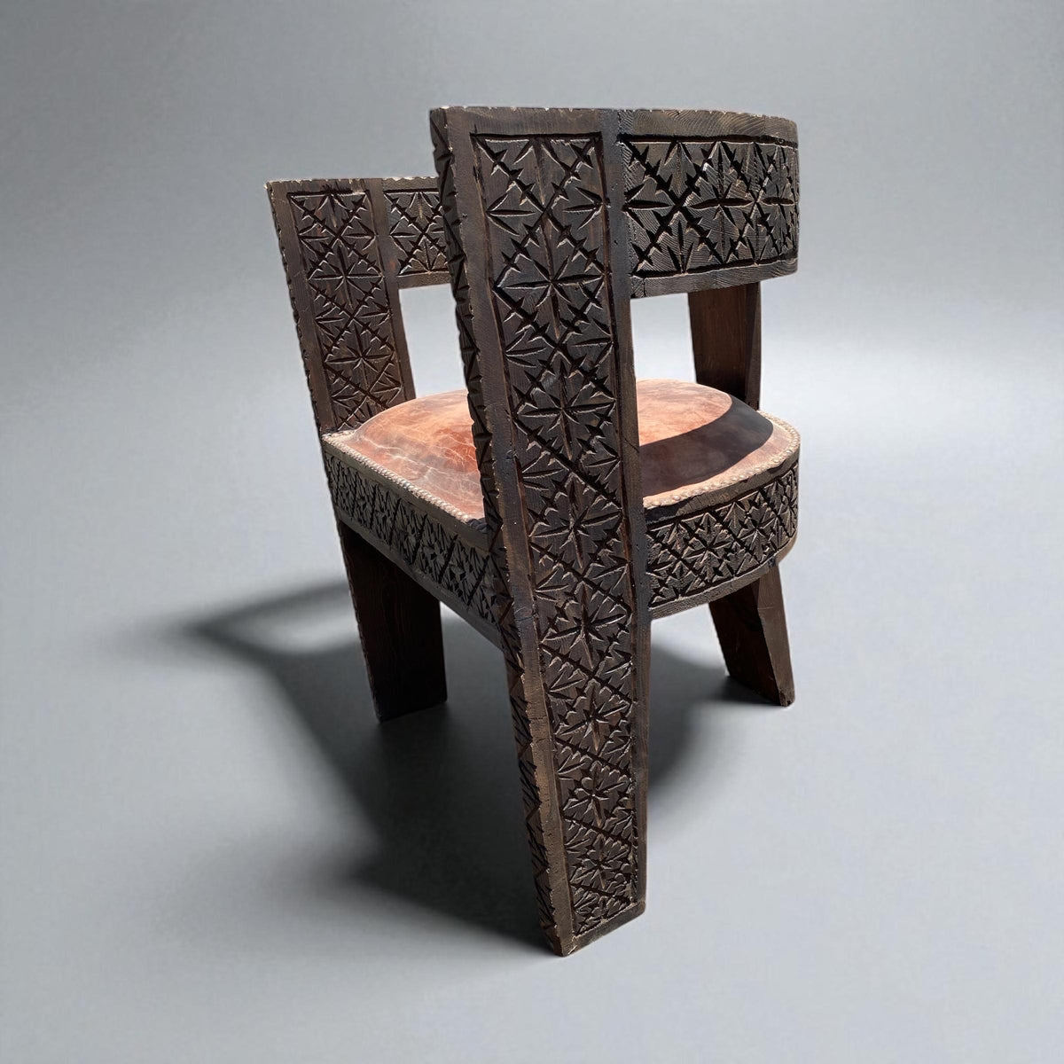 Vintage Carved Moroccan Leather Chair, Handmade Cedar Wood Accent Piece