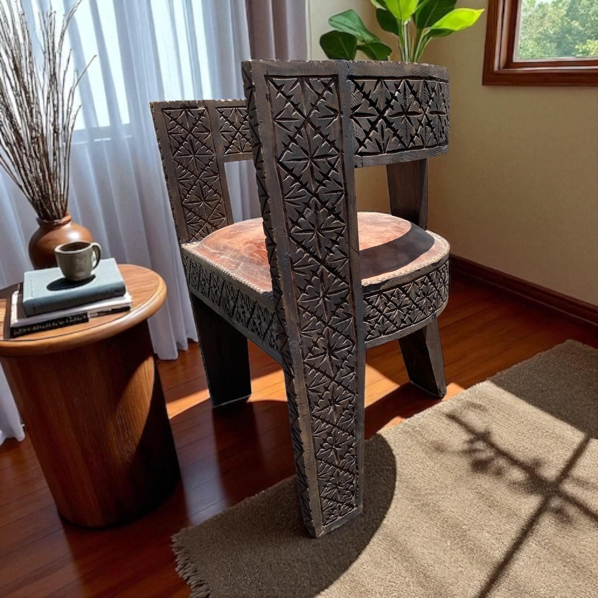 Vintage Carved Moroccan Leather Chair, Handmade Cedar Wood Accent Piece