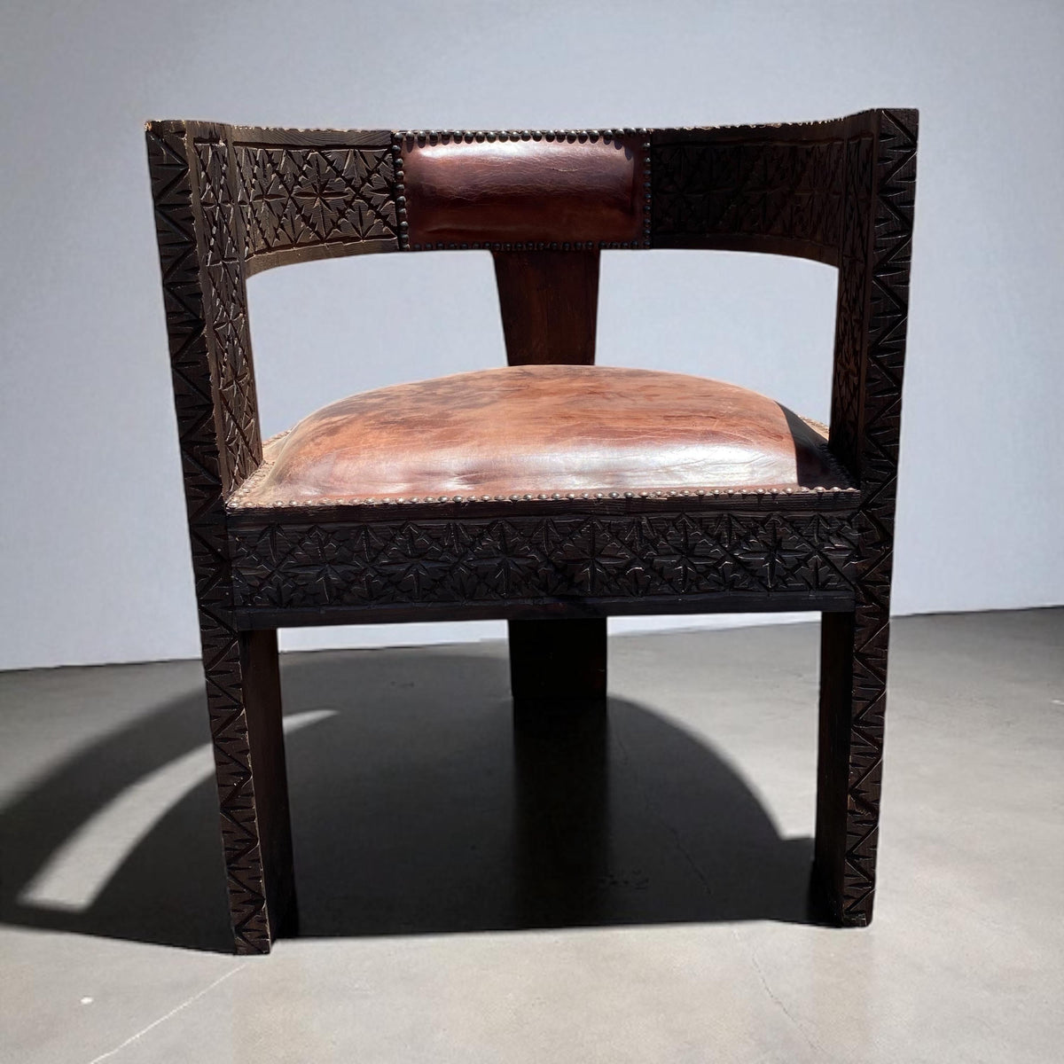 Vintage Carved Moroccan Leather Chair, Handmade Cedar Wood Accent Piece