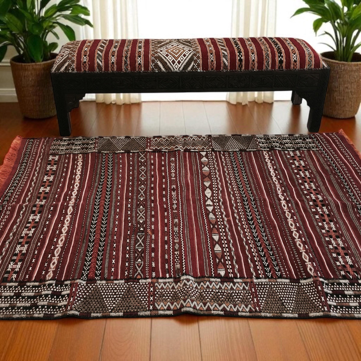Vintage Berber Kilim Rug & Bench Set, Handwoven Moroccan Carpet