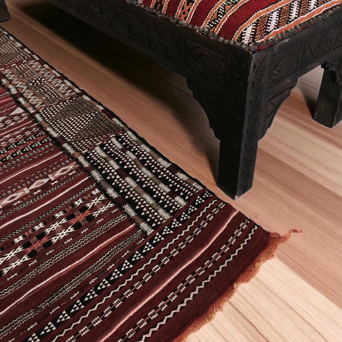 Vintage Berber Kilim Rug & Bench Set, Handwoven Moroccan Carpet