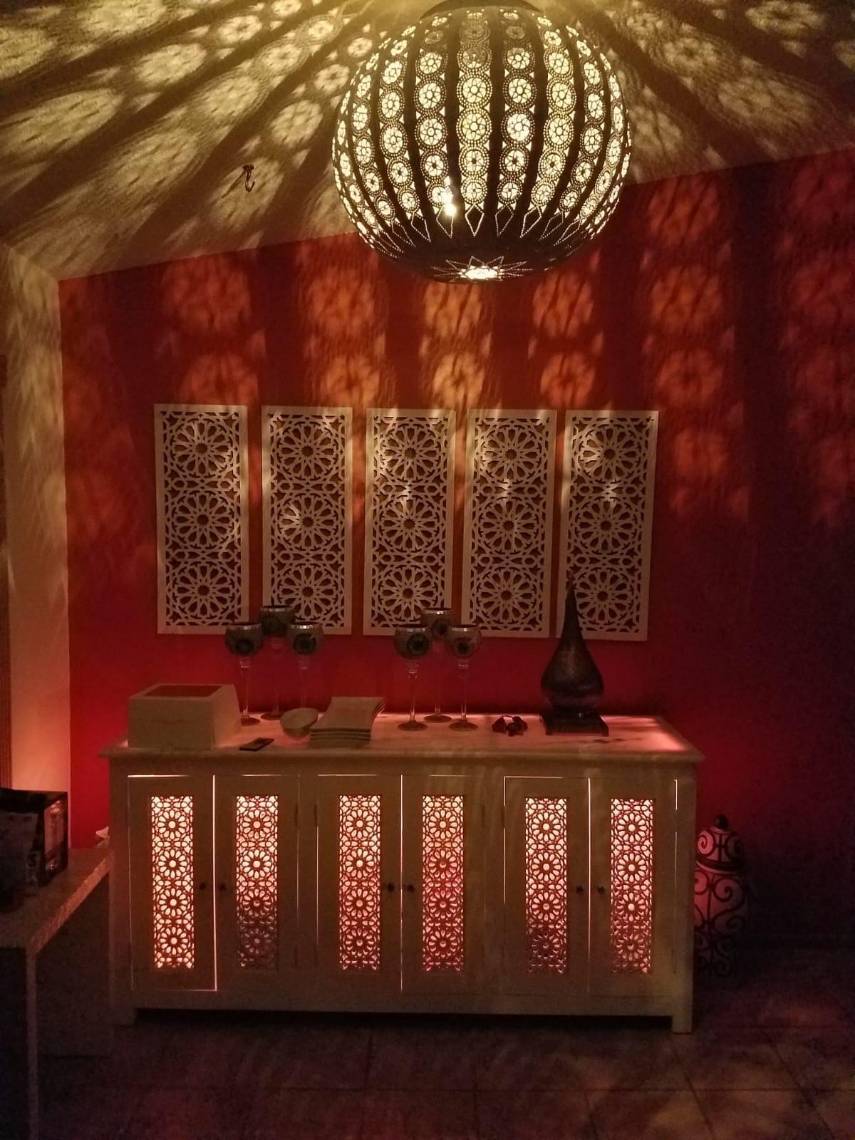Handmade Moroccan LED Wooden Credenza, Marble Top Buffet