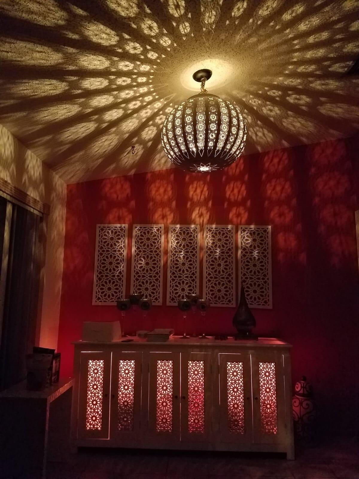 Handmade Moroccan LED Wooden Credenza, Marble Top Buffet