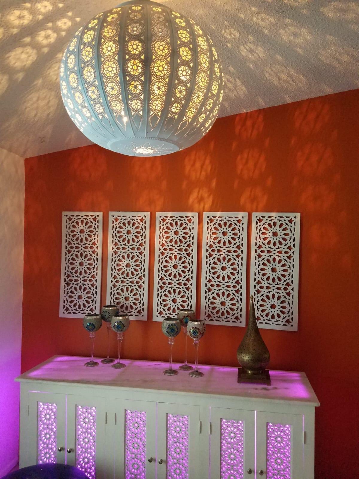Handmade Moroccan LED Wooden Credenza, Marble Top Buffet
