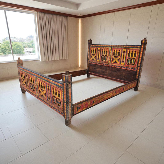 Hand Carved Touareg Bed - African Berber Headboard, Nomad Furniture
