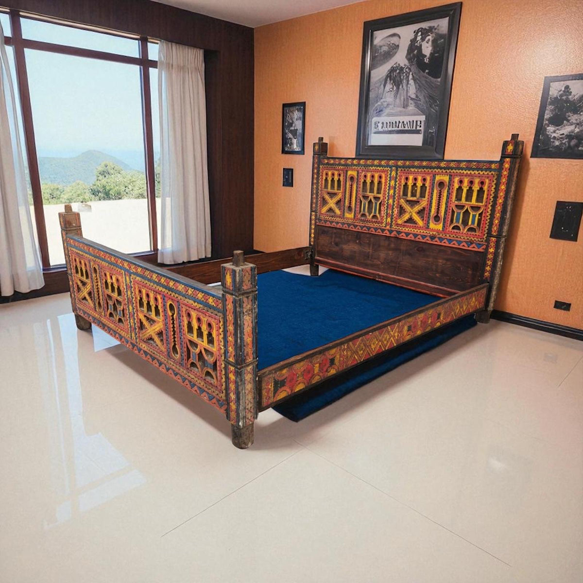 Hand Carved Touareg Bed - African Berber Headboard, Nomad Furniture