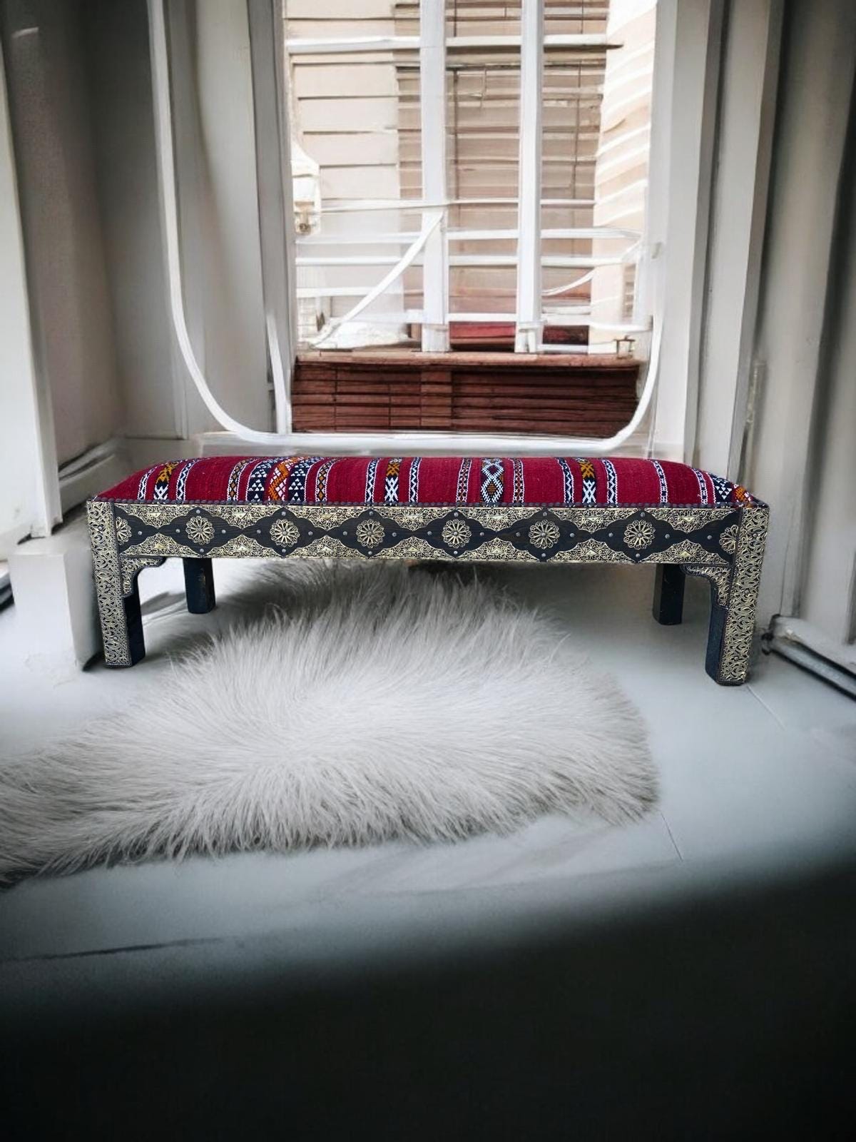 Vintage Kilim Bench: Moroccan Silver Bench with Bone Accents