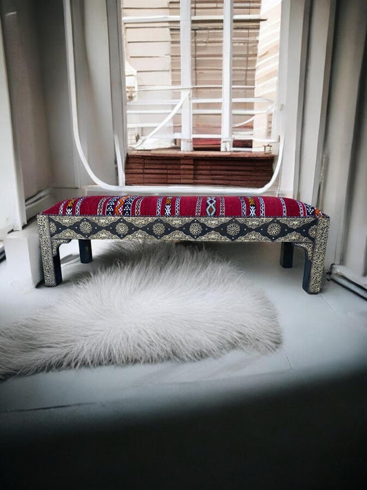 Vintage Kilim Bench: Moroccan Silver Bench with Bone Accents