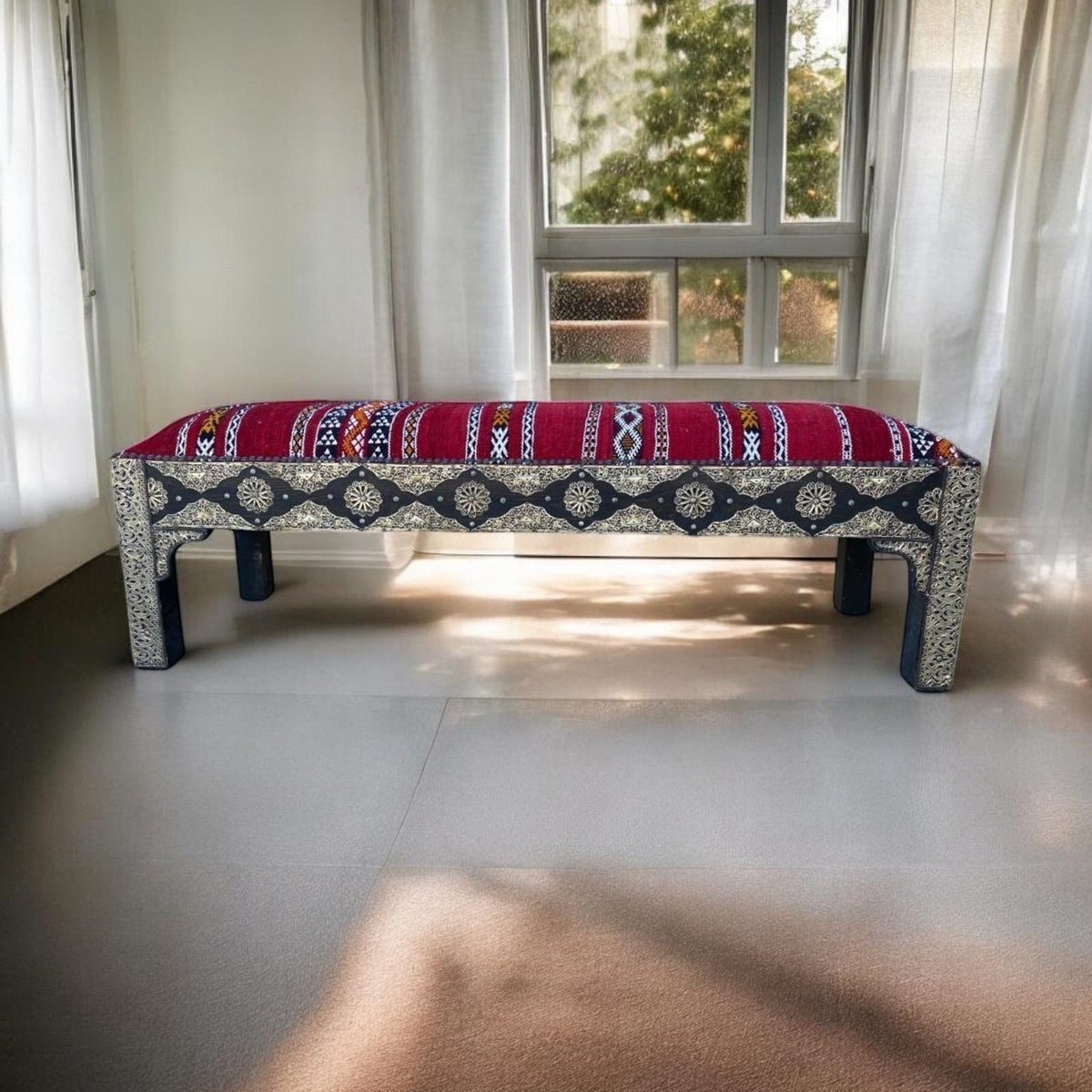 Vintage Kilim Bench: Moroccan Silver Bench with Bone Accents