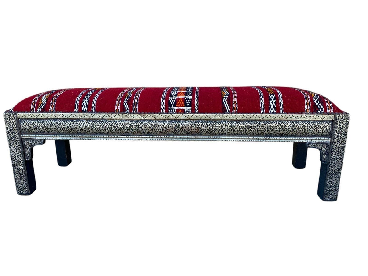 Vintage Kilim Bench, Moroccan Metal Accents, Berber Handwoven Rug