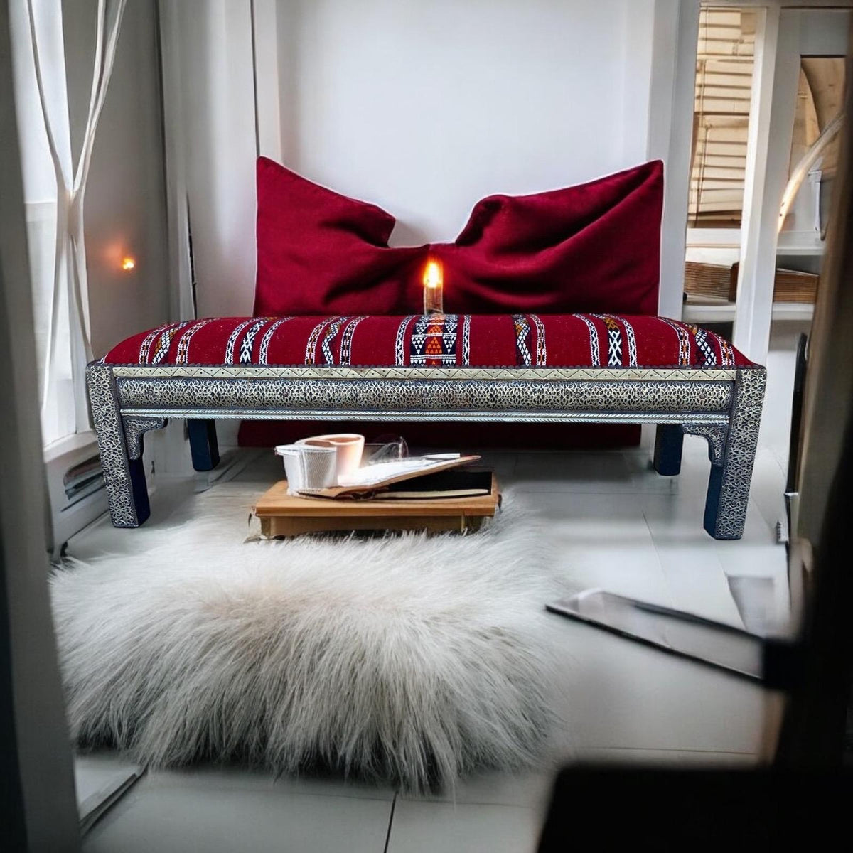 Vintage Kilim Bench, Moroccan Metal Accents, Berber Handwoven Rug
