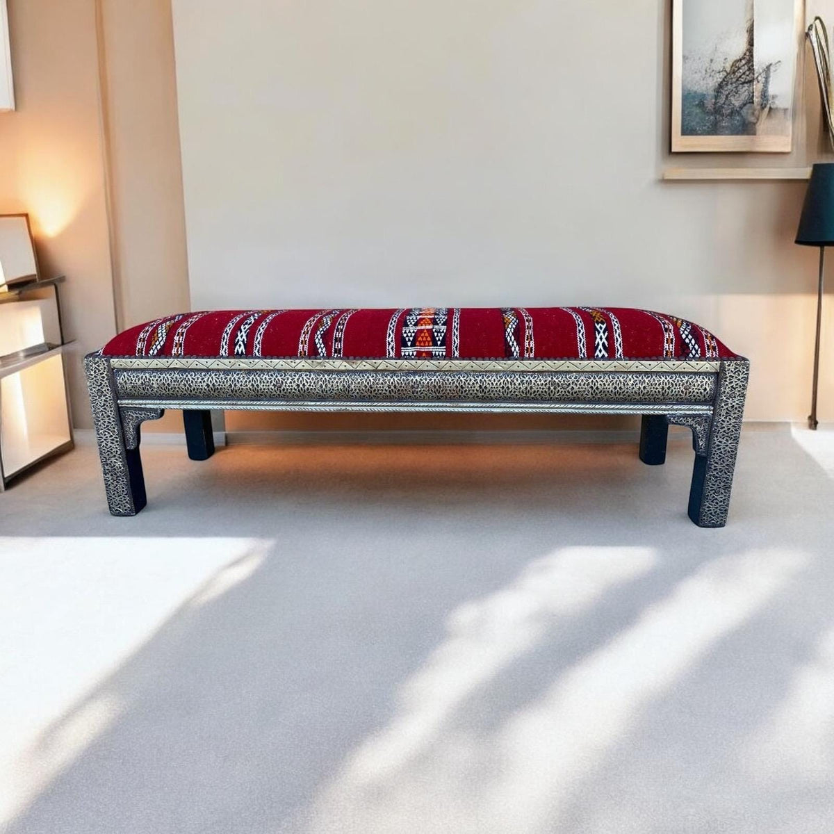 Vintage Kilim Bench, Moroccan Metal Accents, Berber Handwoven Rug