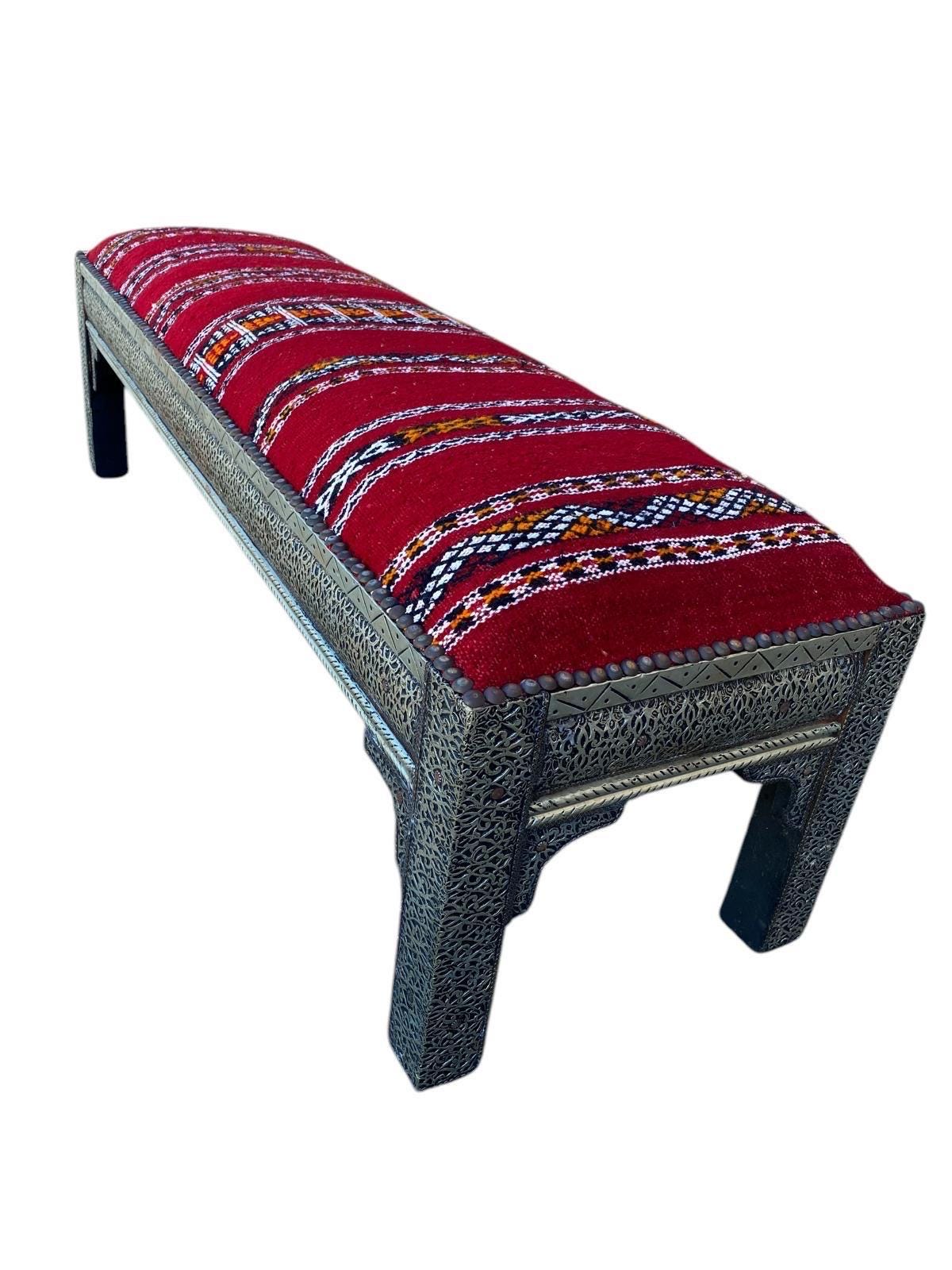 Vintage Kilim Bench, Moroccan Metal Accents, Berber Handwoven Rug