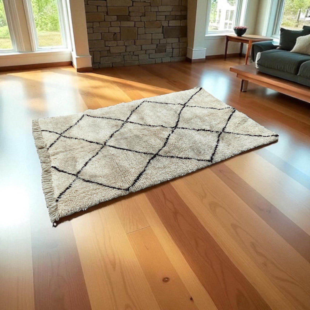 Handwoven Wool Beni Ourain Rug: Berber Diamond Pattern