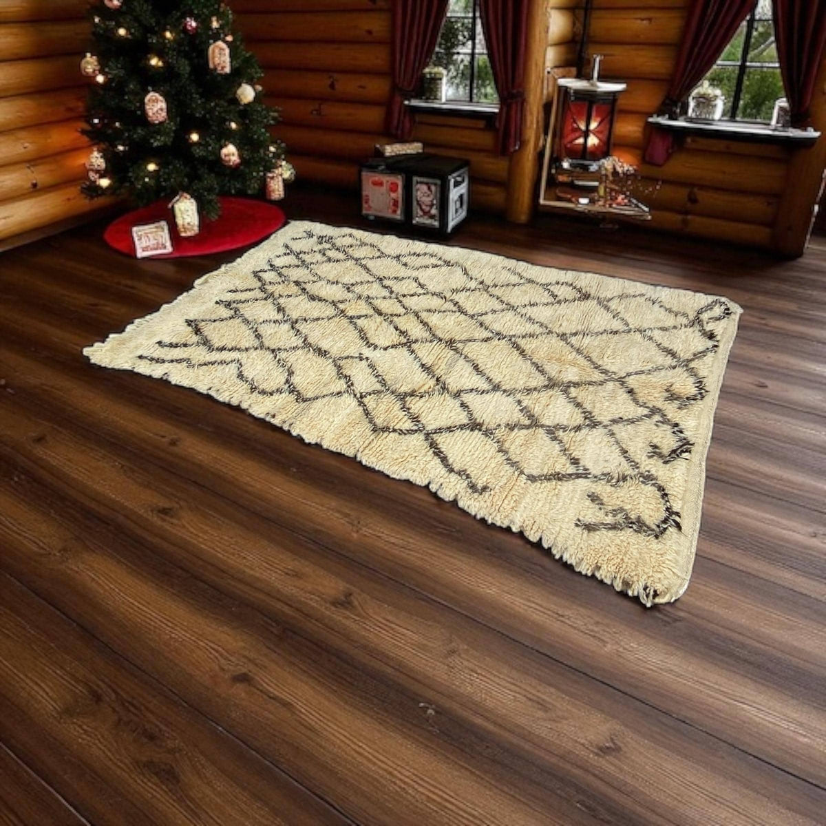 Handwoven Beni Ourain Rug: Moroccan Wool Carpet, Black Geometric Design (100x57)