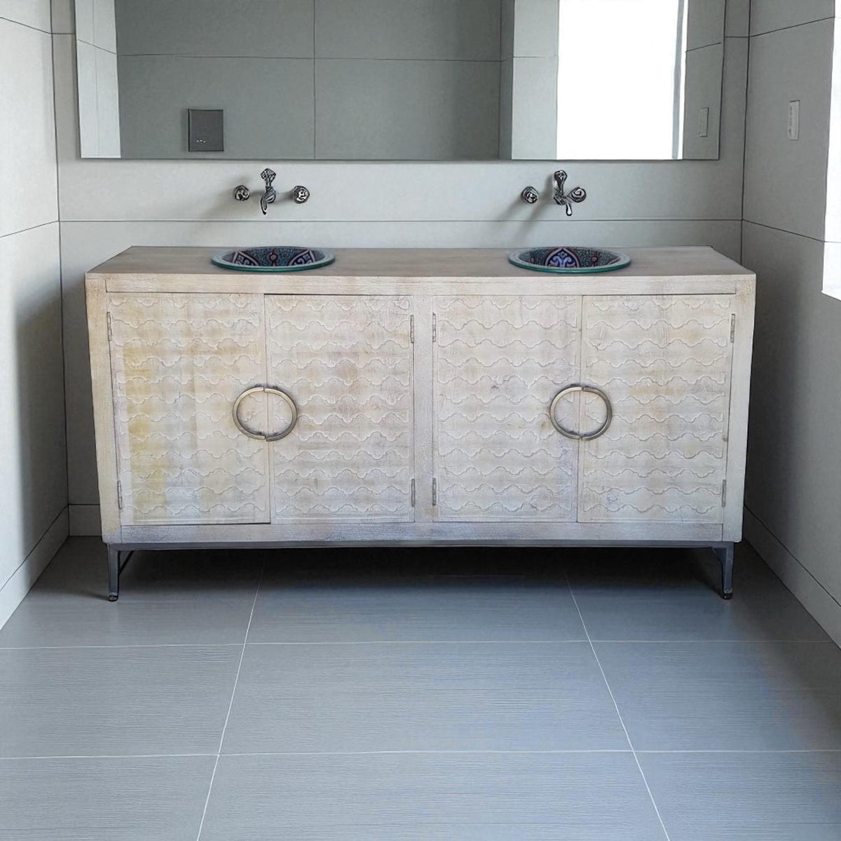 Unique bathroom sink vanity cabinet comes with two pottery sinks clay vessels from Morocco