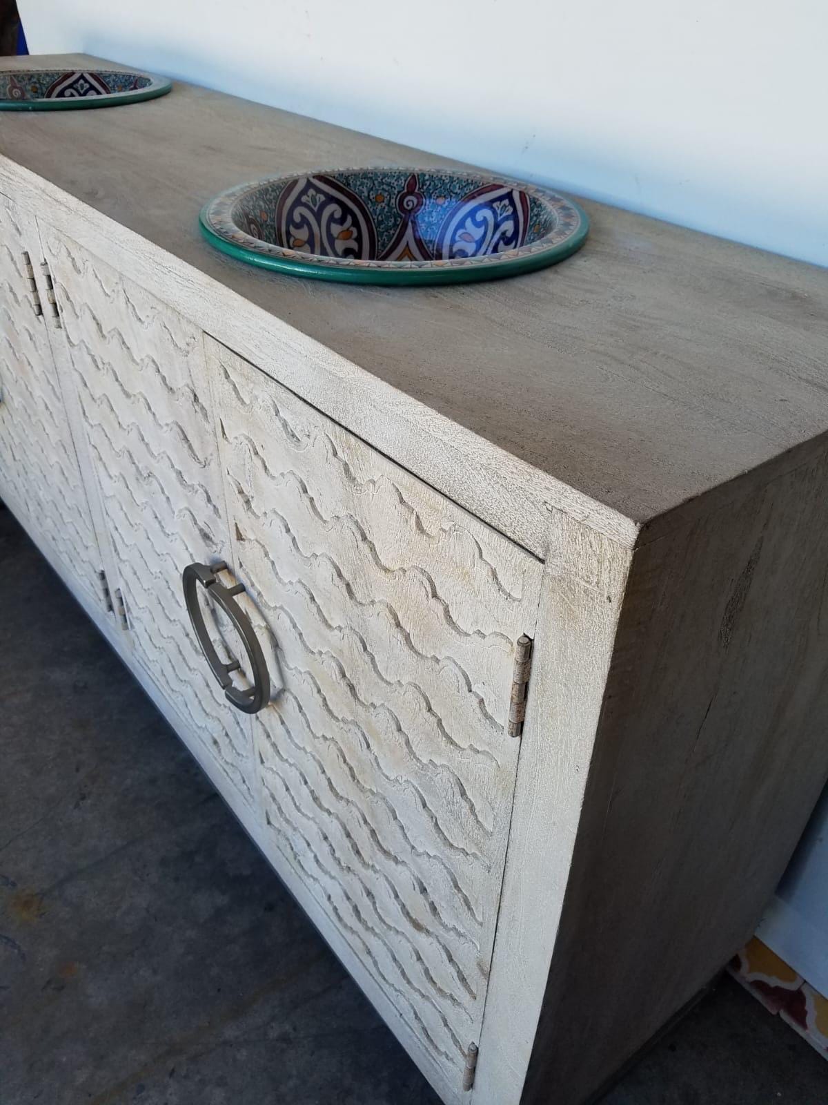Unique bathroom sink vanity cabinet comes with two pottery sinks clay vessels from Morocco