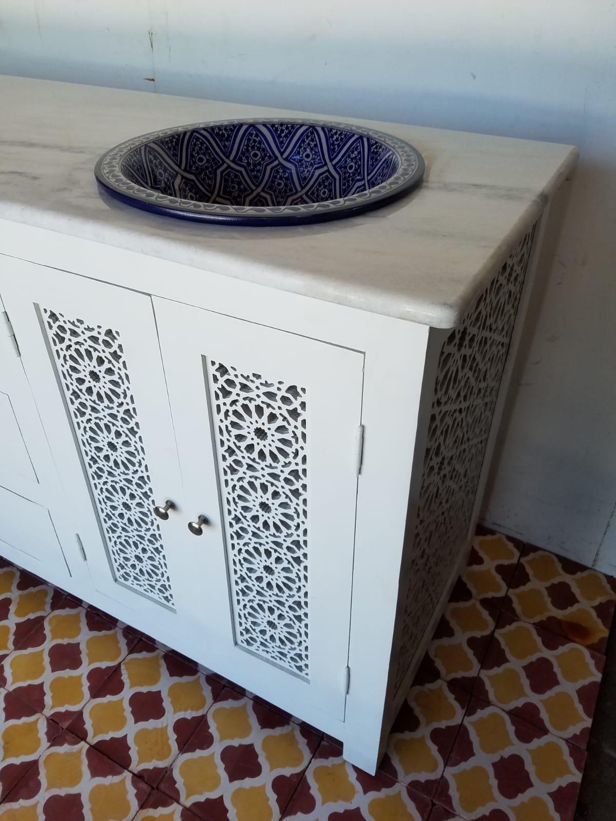 Moroccan Marble Top Bathroom Vanity with Fez Pottery Sinks
