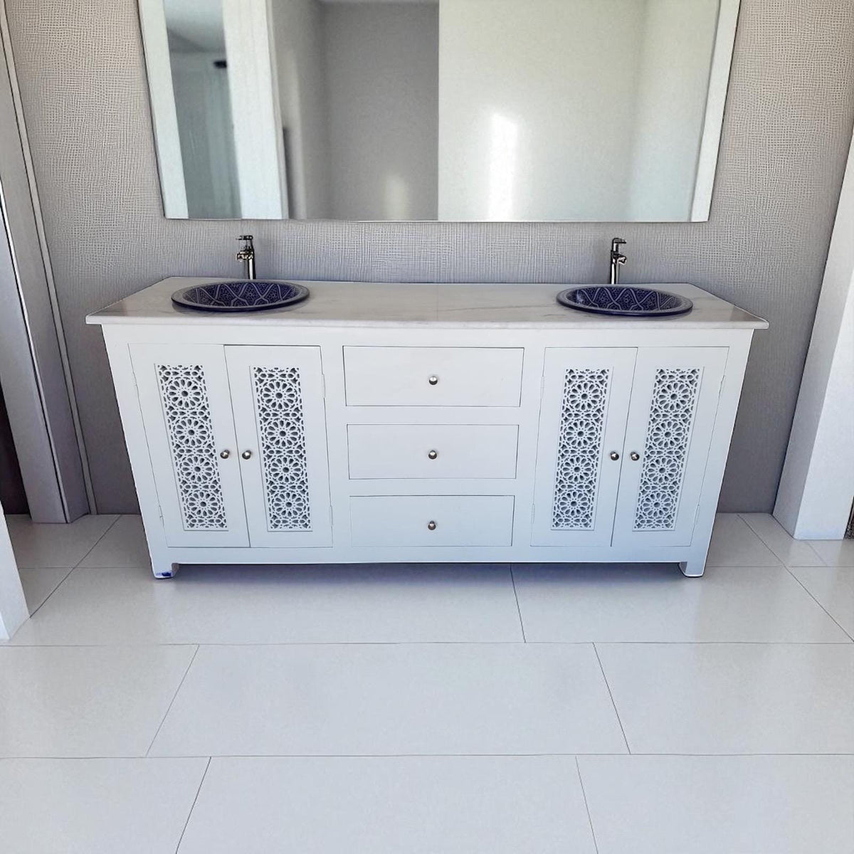 Moroccan Marble Top Bathroom Vanity with Fez Pottery Sinks