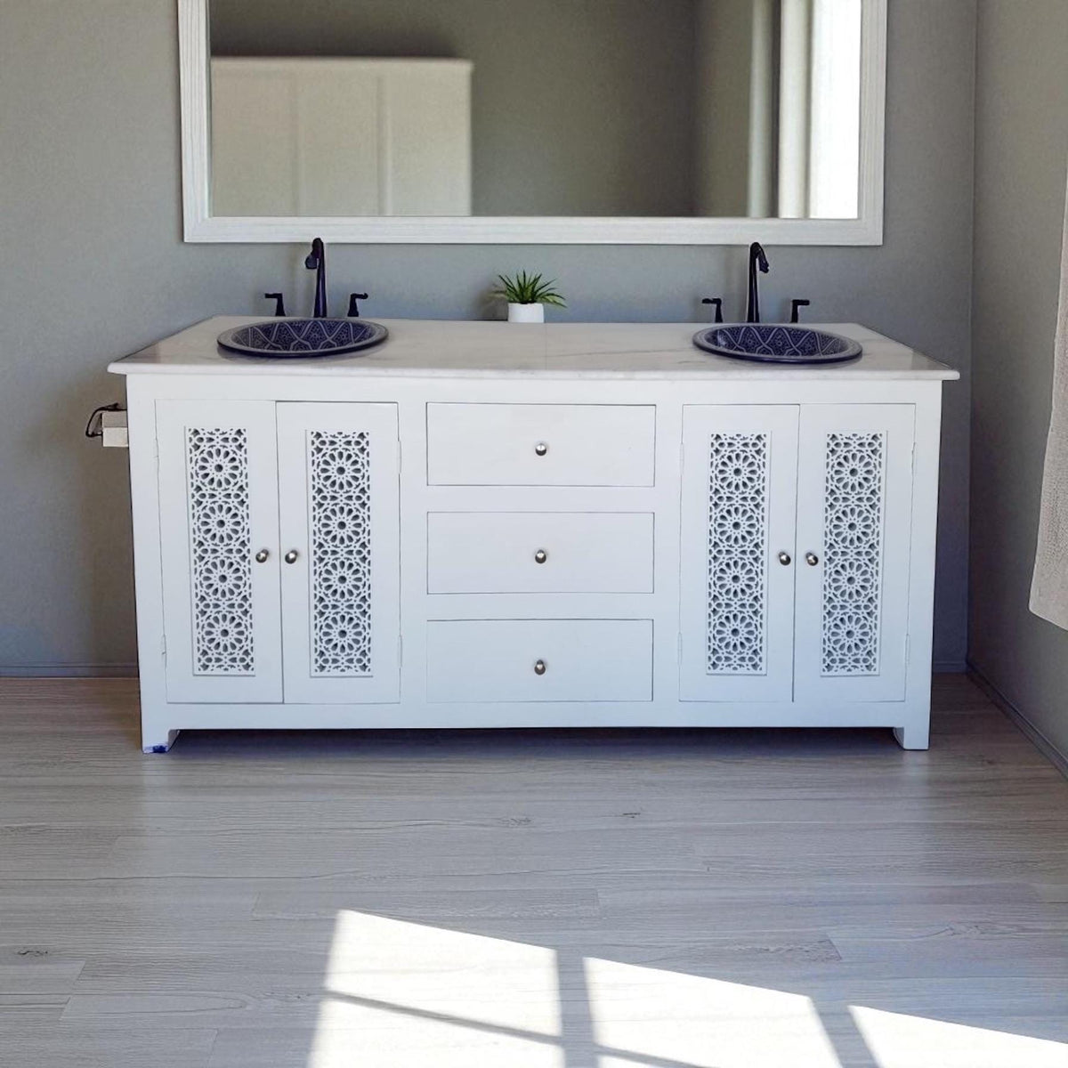 Moroccan Marble Top Bathroom Vanity with Fez Pottery Sinks