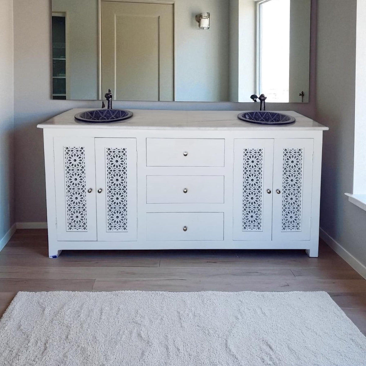 Moroccan Marble Top Bathroom Vanity with Fez Pottery Sinks